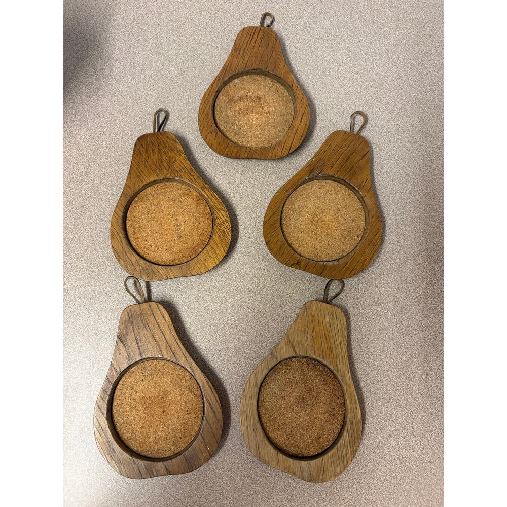 5 vintage mid-century modern pear-shaped wooden coasters cork centers